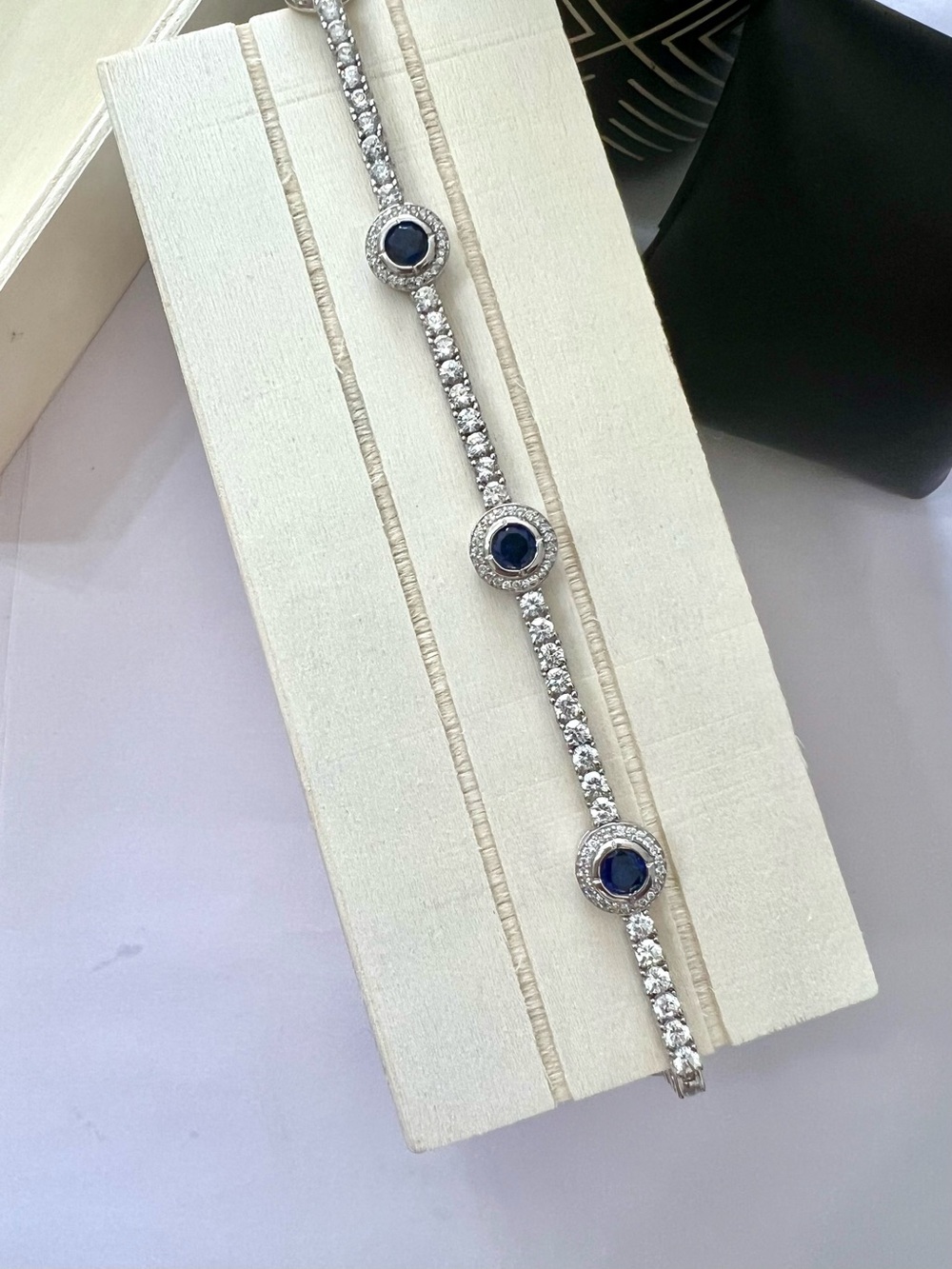 925 Sterling Silver Blue Sapphire wnd Cubic Zirconia Tennis Bracelet Size 7” - Picture 8 of 16